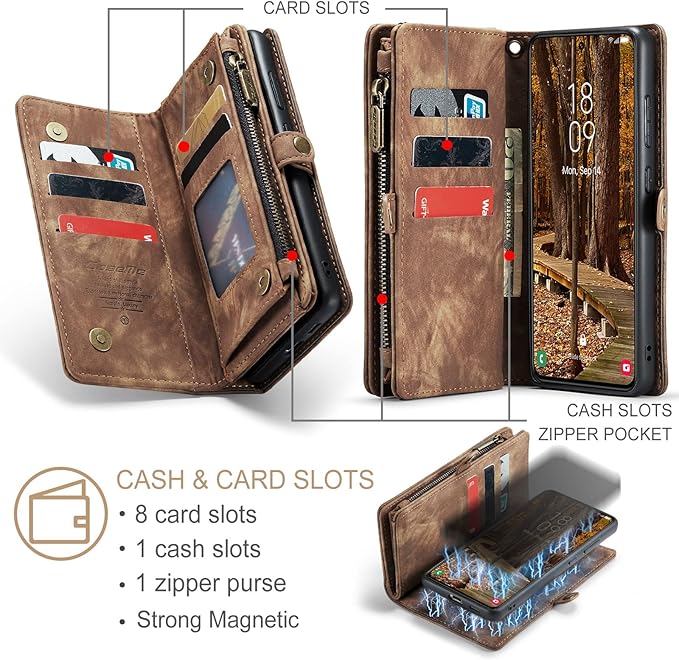 SZHAIYU 2 in 1 Detachable for Samsung Galaxy S23+ / S23 Plus Wallet Case with Card Holder, Retro Premium Flip Leather Cover Magnetic Zipper Pocket Phone Cases 6.6'' (Coffee,S23+/S23 Plus)