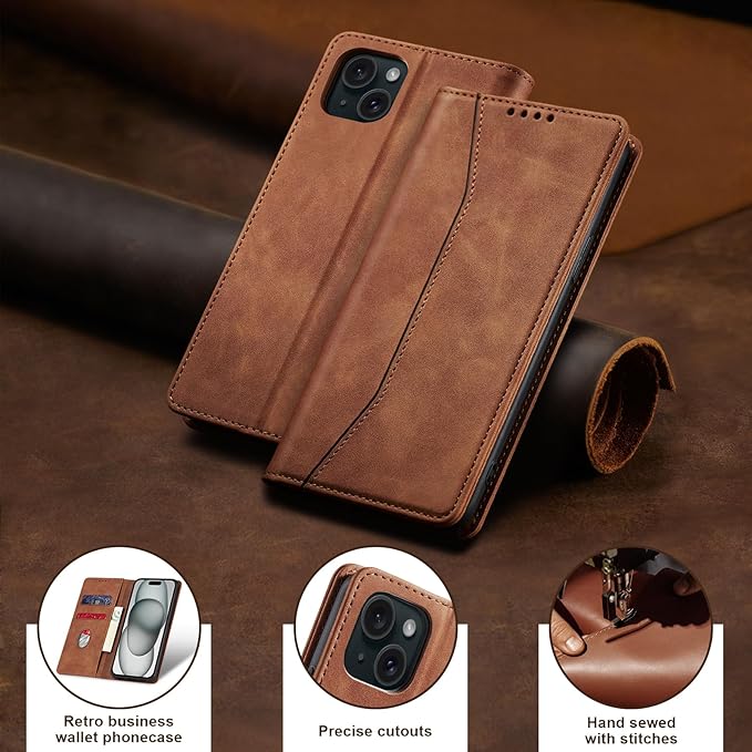 Jasonyu Flip Wallet Case for iPhone 15 Plus,Leather Magnetic Folio Cover with Card Holder,Kickstand - TPU Shockproof Durable Protective Phone Case,Brown