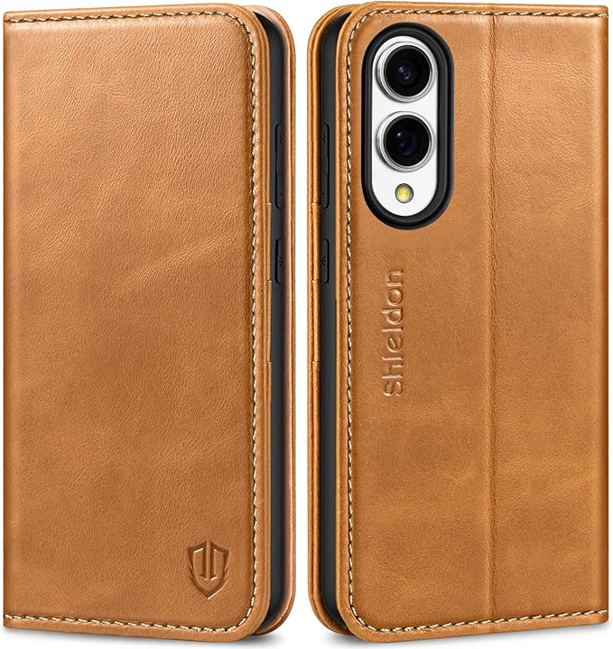 SHIELDON Case for Galaxy S25 Edge 5G 6.7", Genuine Leather Wallet Flip Book RFID Blocking Card Holder Kickstand Shock Absorbing Protection Case Compatible with Galaxy S25 Edge - Retro Light Brown