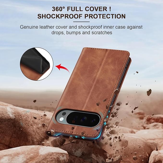 Jasonyu Flip Wallet Case for Google Pixel 10 Pro XL 5G,Leather Magnetic Folio Cover with Card Holder,Kickstand - TPU Shockproof Durable Protective Phone Case,Brown