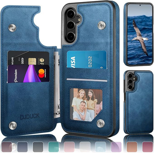 DJDUCK Designed for Samsung Galaxy S25 Case Wallet with Card Holder, [Magnetic Clasp Cover] [RFID Blocking Leather Protection] Shockproof Women Men Cases for Samsung S25 Bright Blue