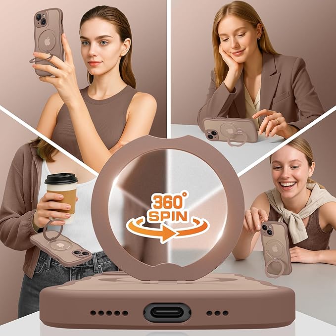 GolbinBox for iPhone 15 Case for Women,[Compatible with Magsafe][360° Spin Magnetic Stand][Cute Wave Edge][Military-Grade Protection] Translucent Matte Phone Case for iPhone 15, Brown