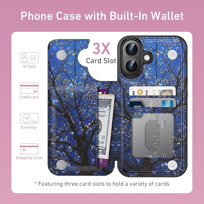 FUNMIKO for iPhone 16 Wallet Case with Card Holder, RFID-Blocking, Military-Grade Protection & UV-Printed Artwork, Magnetic Closure with Leather Kickstand - Dreamy Wishing Tree