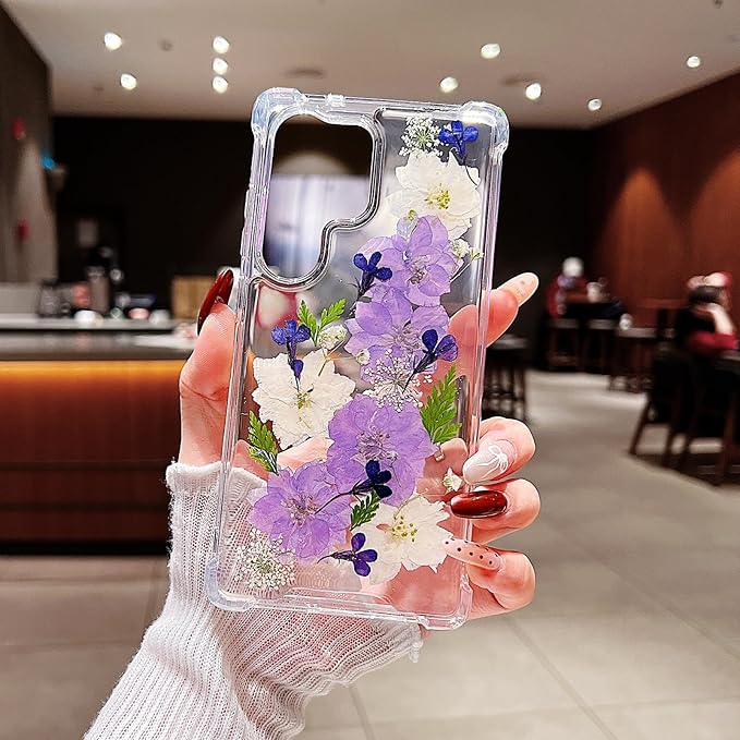 Compatible with Samsung Galaxy S25 Ultra Case Cute Pressed Dried Real Flowers Design Women Girly Shockproof Soft TPU Floral Clear Phone Cover for Galaxy S25 Ultra (Purple Flower)