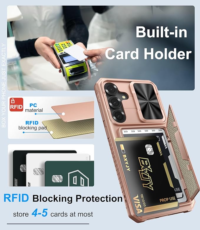 for Samsung Galaxy S25+ Plus Phone Case Wallet, Card Holder (4-5 Cards), RFID Block, Slide Camera Cover, Military Drop, Rugged Heavy Duty Men Women Cases for Samsung Galaxy S25+ Plus, Rose Gold