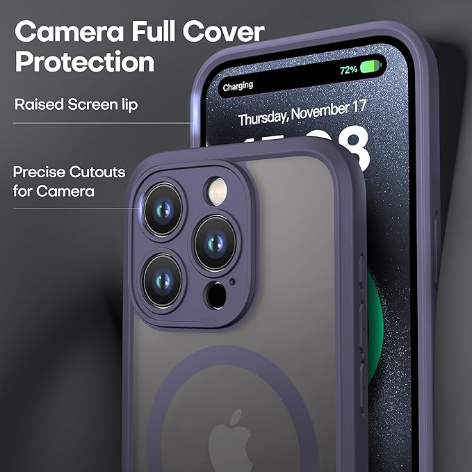 ImpactStrong Magnetic Guard Designed for iPhone 15 Pro Case [Camera Protection] [Military Grade Drop Tested] [Compatible with MagSafe] Slim Translucent Matte Phone Case (6.1") - Deep Purple