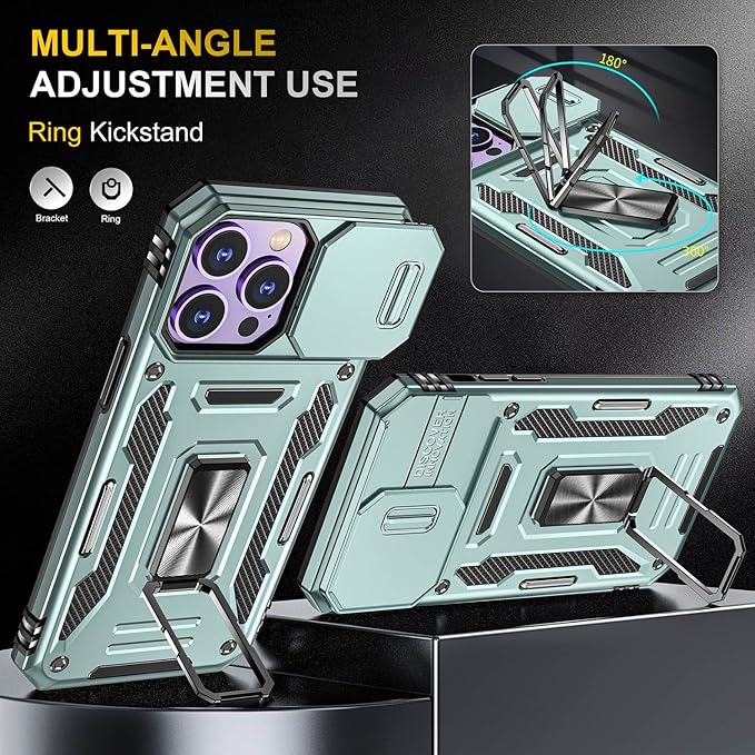 Phone Case for iPhone 14 Pro Max Case with Slide Camera Cover, with Finger Ring Holder Stand, fit Magnetic Car Mount, for iPhone 14 Pro Max (Alpine Green)