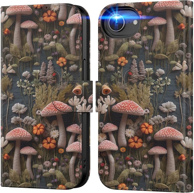 DEENAKIN for iPhone 16e Wallet Case with Card Holder + Cash Clip, RFID-Blocking, Military-Grade Drop Protection, Magnetic Closure with Leather Kickstand - Mushroom Floral