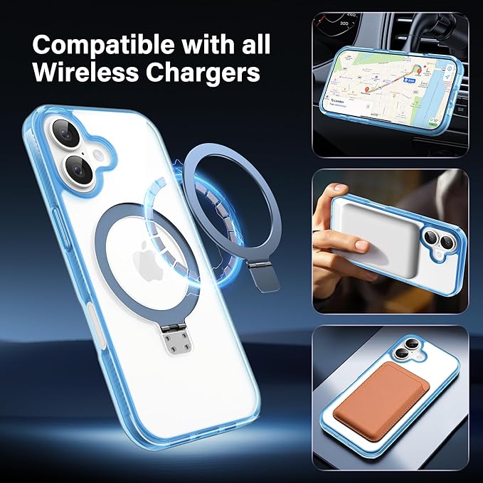 Magnetic Case for iPhone 17 - [Built-in Invisible Stand] [Compatible with MagSafe] [Military Grade Drop Protection] Anti-Yellowing Hard Back Silicone Edge Cover, 6.3", Clear Blue