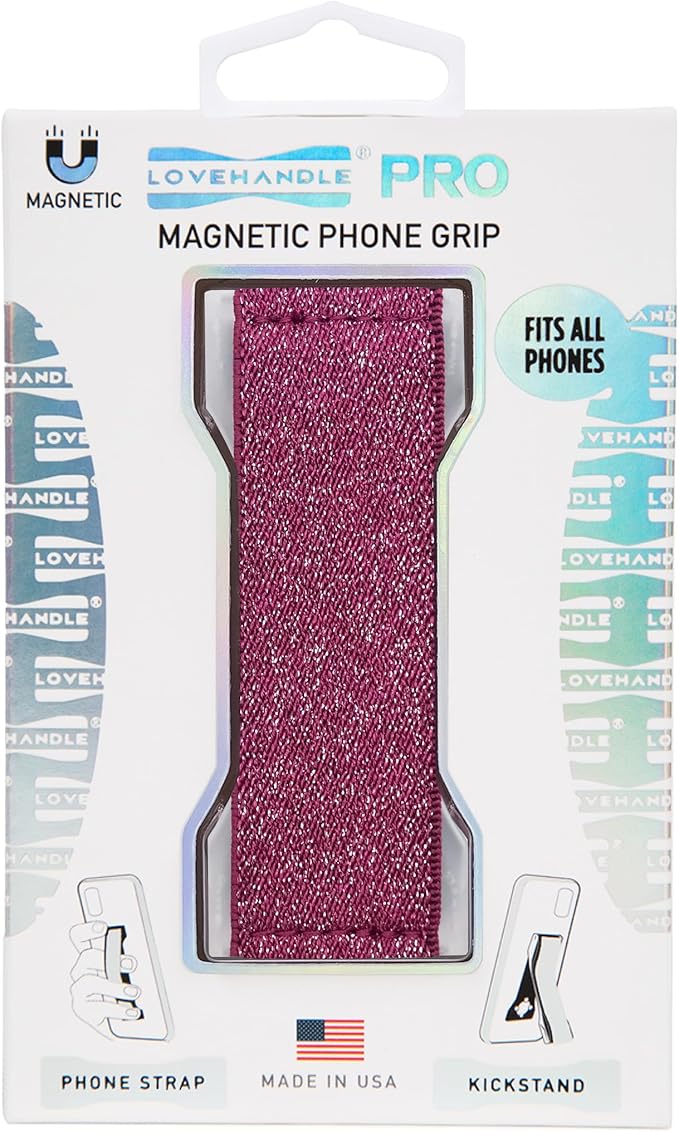 LOVEHANDLE PRO Premium Phone Grip - Elastic Phone Strap - Magnetic Phone Mount and Kickstand for Smartphone and Tablet - Cranberry Glitter