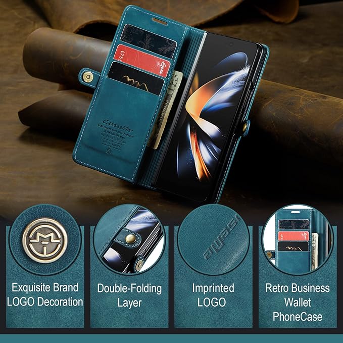 for Samsung Galaxy Z Fold4 Case, Flip Wallet Leather Case with Card Holder Magnetic Closure Shockproof Kickstand Protective Phone Cases Cover for Samsung Galaxy Z Fold4,Blue-Green