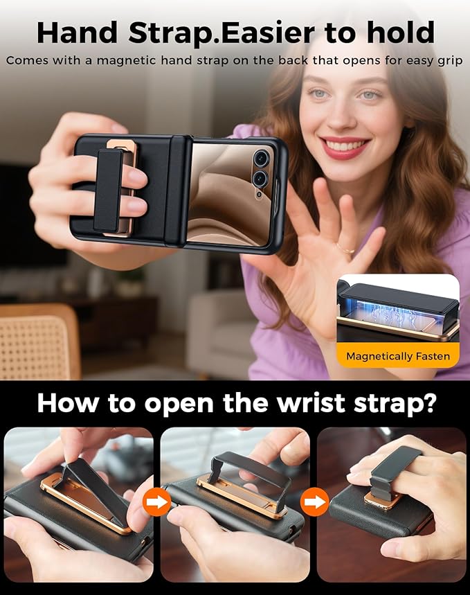 for Motorola Razr+ Plus 2025 Case/Razr+ Plus 2024 Case, Built-in Screen Protector & Hinge Protection & 360° Spin Stand & Hand Strap, Slim Leather Shockproof Phone Case for Razr+ 2025(Black)