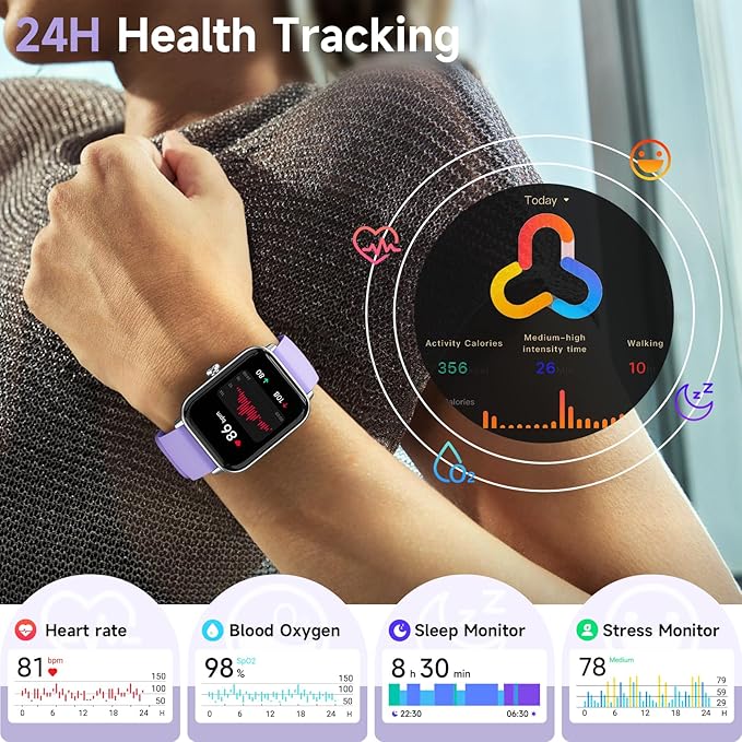 Smart Watches for Women Android & iPhone, Alexa Built-in, 1.85" Fitness Tracker with Answer/Make Calls, IP68 Waterproof Fitness Watch,Heart Rate, Sleep, SpO2 Monitor,Pedometer, Purple