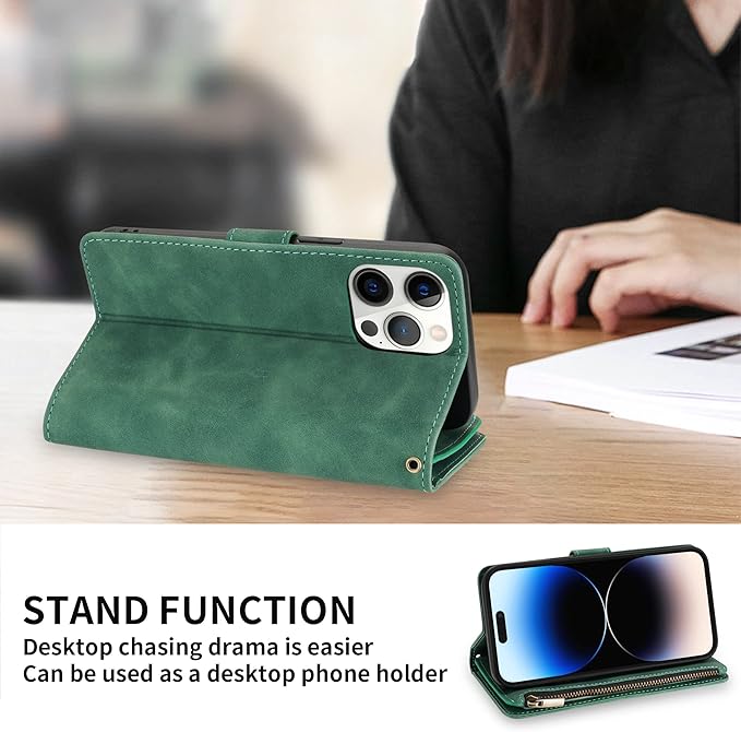 ZZXX for iPhone 14 Pro Max Case Wallet with [RFID Blocking] Card Slot Soft PU Leather Zipper Flip Folio with Wrist Strap Kickstand Protective Cover for iPhone 14 Pro Max Wallet Case(Green-6.7 inch)
