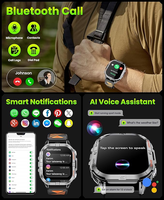 Military Smart Watch for Men Built-in GPS with LED Flashlight Compass, 2.13" AMOLED Tactical Smart Watches with Answer/Make Calls, 3ATM Waterproof Fitness Tracker for iPhone Android (Black)