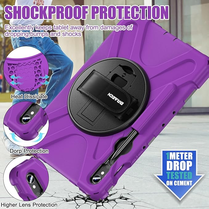 BRAECNstock for Samsung Galaxy Tab S10 Lite/ S10 FE/ S9 FE/ S9/ S8/ S7 5G Case 10.9"/11", Shockproof Protective Kids Case with Pencil Holder, Rotating Hand Strap & Stand, Shoulder Strap, Purple
