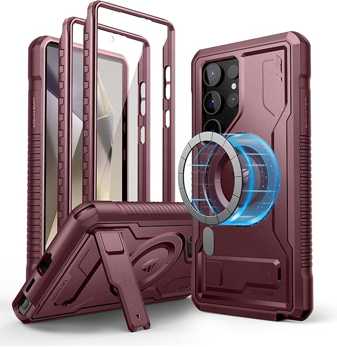 Dexnor Magnetic Case for Samsung Galaxy S24 Ultra Case, Compatible with Magsafe, 2 Front Frames & Built-in Screen Protector, Bumper Rugged Shockproof Full-Body Protective Cover with Kickstand,Red