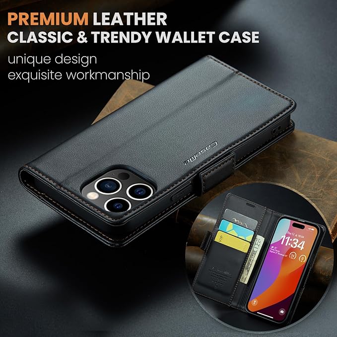 for iPhone 15 Pro Case, Premium PU Leather Wallet Case Flip Cover with [RFID Blocking][Card Holder][Stand Function] Shockproof Protective for iPhone 15 Pro, Black