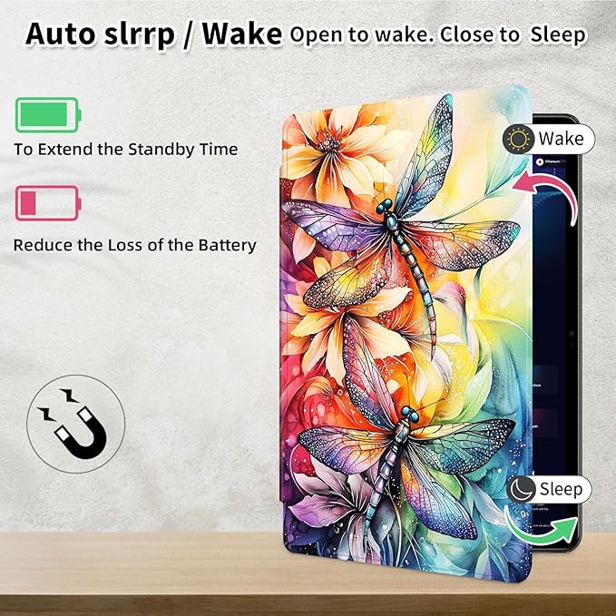 Case for 12.4 inch Galaxy Tab S10 Plus Case (2024), Galaxy Tab S9 Plus Case (2023), 360 Degree Rotating Folio Stand Smart PU Leather Cover, Auto Sleep/Wake, Dragonflies Flowers