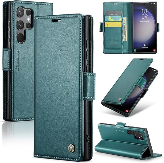 AUPAI for Samsung Galaxy S23 Ultra Wallet Case with Credit Card Holder, PU Leather RFID Blocking Folio Flip Kickstand Magnetic Clasp Protective Phone Cover for Women Men Cyan