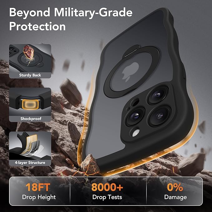 GolbinBox for iPhone 15 Pro Case,[Compatible with Magsafe][360°Magnetic Stand][Cute Wave Edge][18ft Military-Grade Protection] Translucent Matte Phone Women Case for iPhone 15 Pro, Black