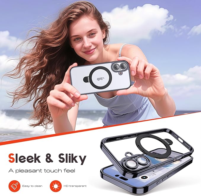 Compatible with Clear iPhone 15 Case with Magnetic Stand [Compatible with Mag-Safe][Full Camera Len Protectors] Shockproof Plating Phone Case for iPhone 15 6.1’’,Black