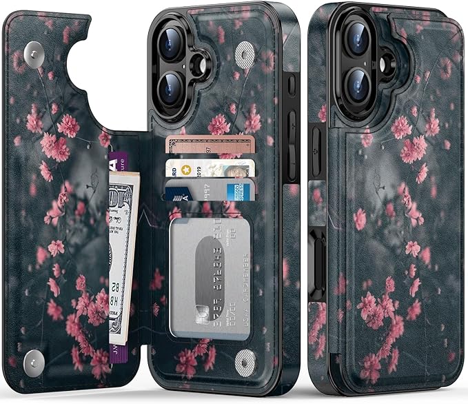 FUNMIKO for iPhone 16 Plus Wallet Case with Card Holder, RFID-Blocking, Military-Grade Protection & UV-Printed Artwork, Magnetic Closure with Leather Kickstand - Mystic Blooming Plum
