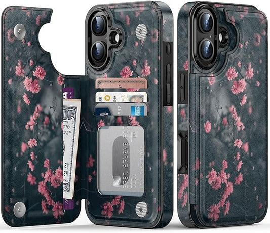 FUNMIKO for iPhone 16 Plus Wallet Case with Card Holder, RFID-Blocking, Military-Grade Protection & UV-Printed Artwork, Magnetic Closure with Leather Kickstand - Mystic Blooming Plum