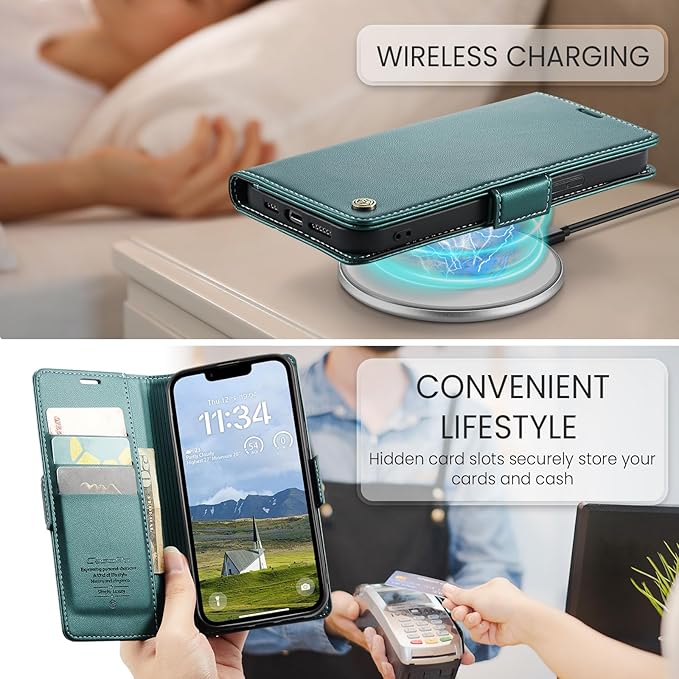 for Apple iPhone 16e Case, Premium PU Leather Wallet Case Flip Cover with [RFID Blocking][Card Holder][Stand Function] Shockproof Protective for iPhone 16E 6.1", Blue-Green