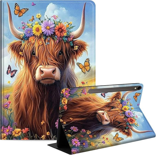 Case for Samsung Galaxy Tab S10 FE/ S9 FE 5G 10.9 Inch/Tab S9 11 Inch, Slim PU Leather Stand Cover with Auto Wake/Sleep, Multi-Angle Viewing & Shockproof, Cute Highland Cow