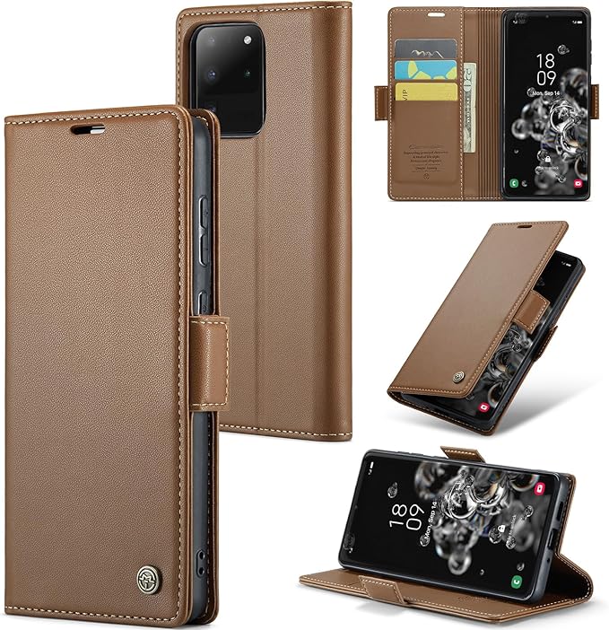 Case for Samsung Galaxy S20 Ultra Wallet Case, RFID Blocking PU Leather Flip Folio Cover Card Holder Kickstand Shockproof Phone Case Compatible with Samsung Galaxy S20 Ultra, Brown