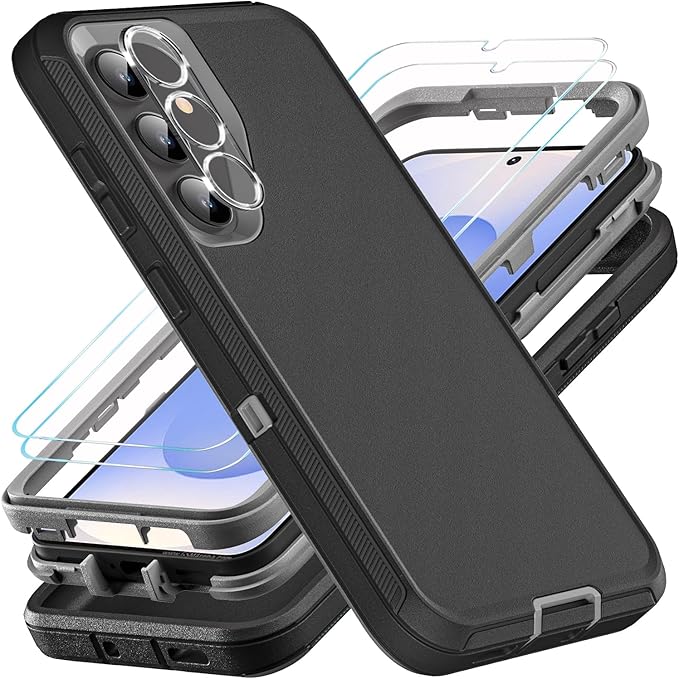 for Samsung Galaxy S25 Case, ONLY, [NOT FIT Galaxy S25 Edge/S25 Plus/S25 Ultra], Military Grade Case with 2Pcs Tempered Glass Screen Protector & 1Pcs Camera Lens Protector (Black/Grey)