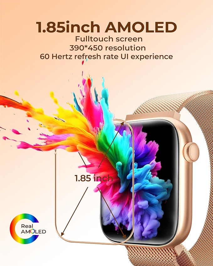 Smart Watch for Men/Women, 1.85" AMOLED Touchscreen, Make/Answer Calls, Fitness Tracker with Heart Rate, Blood Oxygen, Sport Modes, Waterproof Watches Compatible with Android & iPhone(4 Watch Bands)