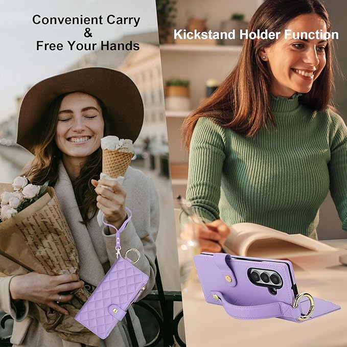 KIHUWEY for Galaxy Z Fold 7 Wallet Case with Card Holder Premium Leather Magnetic RFID Blocking Shockproof Zipper Wrist Strap Lanyard Cover for Samsung Galaxy Z Fold 7 8.0 Inch (Purple)