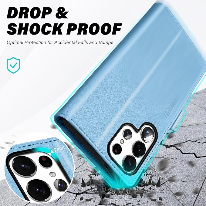 TUCCH Case Wallet for Galaxy S25 Ultra 5G, Magnetic PU Leather Kickstand [RFID Blocking] Card Slot Flip Cover with [TPU Shockproof Interior Case] Compatible with Galaxy S25 Ultra, Pearly Light Blue