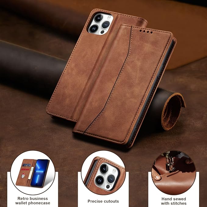 Jasonyu Flip Wallet Case for iPhone 13 Pro,Leather Magnetic Folio Cover with Card Holder,Kickstand - TPU Shockproof Durable Protective Phone Case,Brown