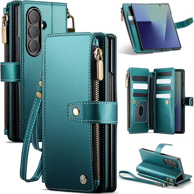 Vinich for Samsung Galaxy Z Fold 7 Wallet Case with Card Holder, Detachable Strap RFID Blocking Credit Slots Kickstand Shockproof Phone Cover for Women Men, Bluish Green