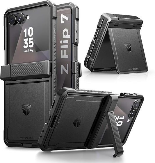 Dexnor for Samsung Galaxy Z Flip 7 Case with Dual Kickstands & Auto-Close Hinge Protection & Screen Protector, Full-Body Rugged Shockproof Protective Cover Bumper Cases for Galaxy Z Flip 7,Black