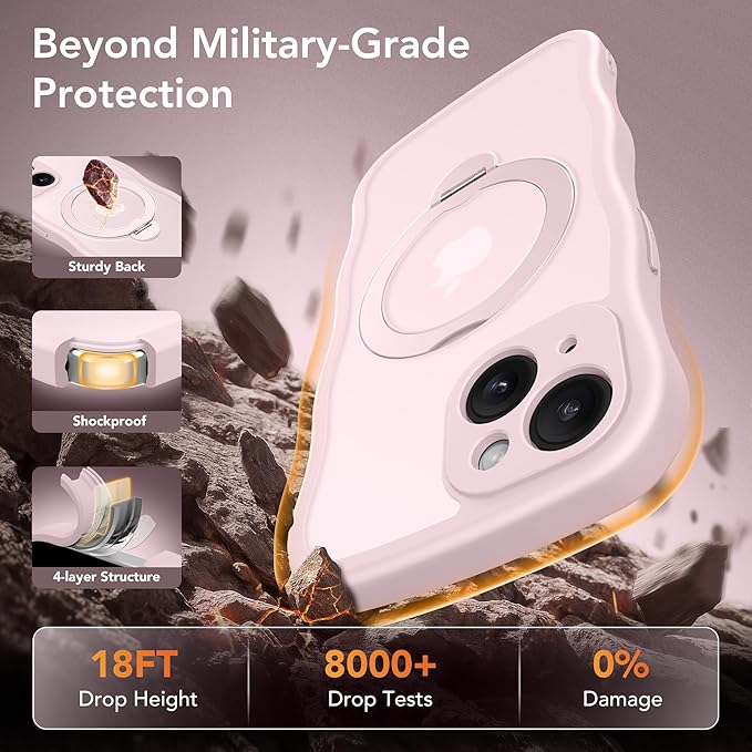 GolbinBox for iPhone 15 Case for Women,[Compatible with Magsafe][360° Spin Magnetic Stand][Cute Wave Edge][Military-Grade Protection] Translucent Matte Phone Case for iPhone 15, Chalk Pink