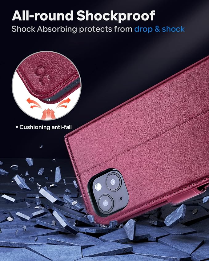 OCASE Compatible with iPhone 14 Wallet Case, PU Leather Flip Folio Case with Card Holders RFID Blocking Kickstand [Shockproof TPU Inner Shell] Phone Cover 6.1 Inch 2022 (Burgundy)