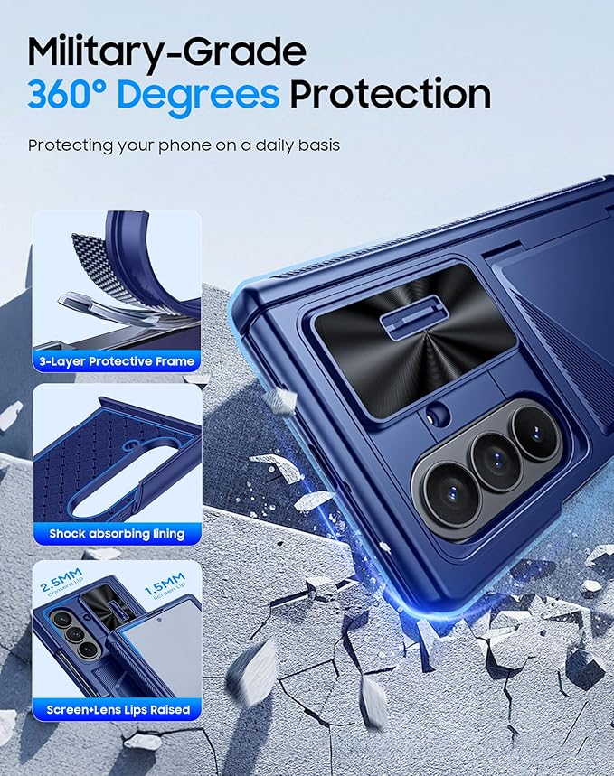 for Samsung Galaxy Z Fold 7 Case with Card Holder RFID Blocking, Built in Slide Lens Cover & Hinge Protection & Screen Protector, Shockproof Wallet Case for Z Fold 7 (Sapphire Blue)