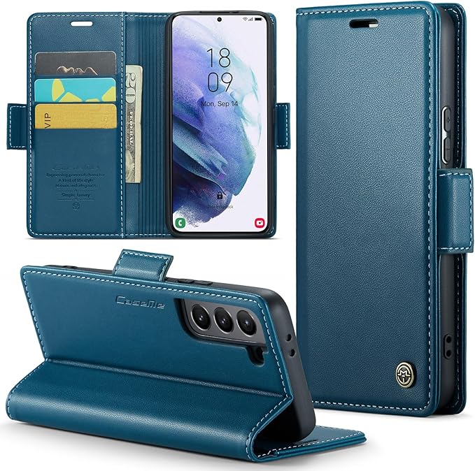 Case for Samsung Galaxy S21 Wallet Case, RFID Blocking PU Leather Flip Folio Cover Card Holder Kickstand Shockproof Phone Case Compatible with Samsung Galaxy S21, Blue