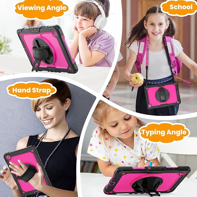 SEYMAC stock Case for Samsung Galaxy Tab A9 8.7'', Full-Body Drop Protection Case with Screen Protector Pencil Holder [360° Rotating Hand Strap] &Stand, Pink+Black