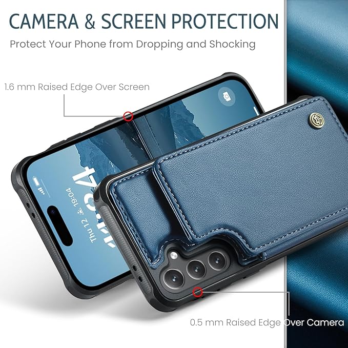 Vinich for Samsung Galaxy S24 FE Wallet Case with Card Holder, RFID Blocking Credit Slots Kickstand Shockproof Phone Cover for Women Men, Blue