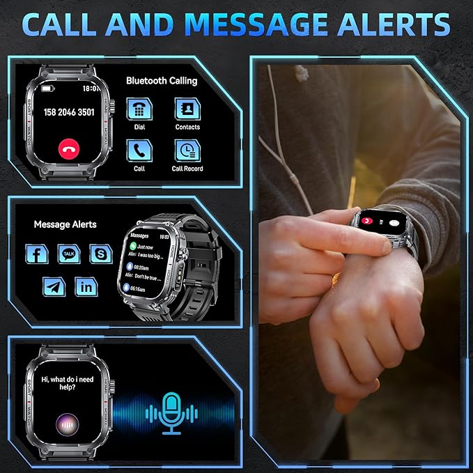 Military Smart Watches for Men with LED Flashlight Compass (Answer/Make Call) 2.02" Fitness Tracker with 100+ Sport Modes Heart Rate Sleep Monitor 400mAh 3ATM Waterproof Smartwatch for iPhone Android