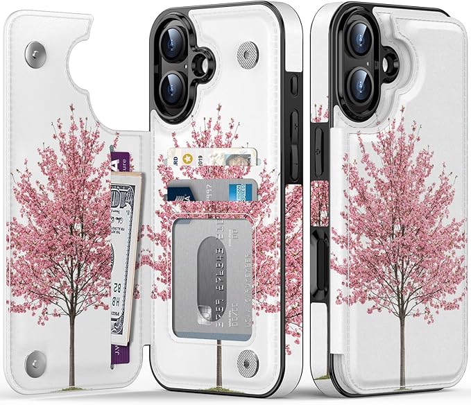 FUNMIKO for iPhone 16 Wallet Case with Card Holder, RFID-Blocking, Military-Grade Protection & UV-Printed Artwork, Magnetic Closure with Leather Kickstand - Blooming Cherry Tree