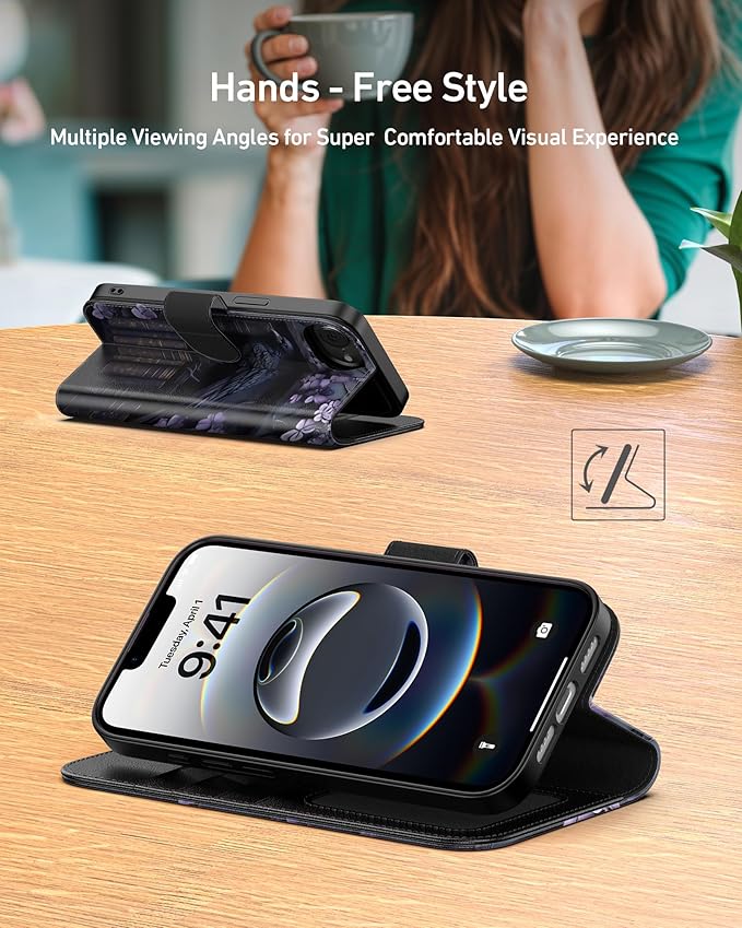 DEENAKIN for iPhone 16e Wallet Case with Card Holder + Cash Clip, RFID-Blocking, Military-Grade Drop Protection, Magnetic Closure with Leather Kickstand - Purple Floral & Raven