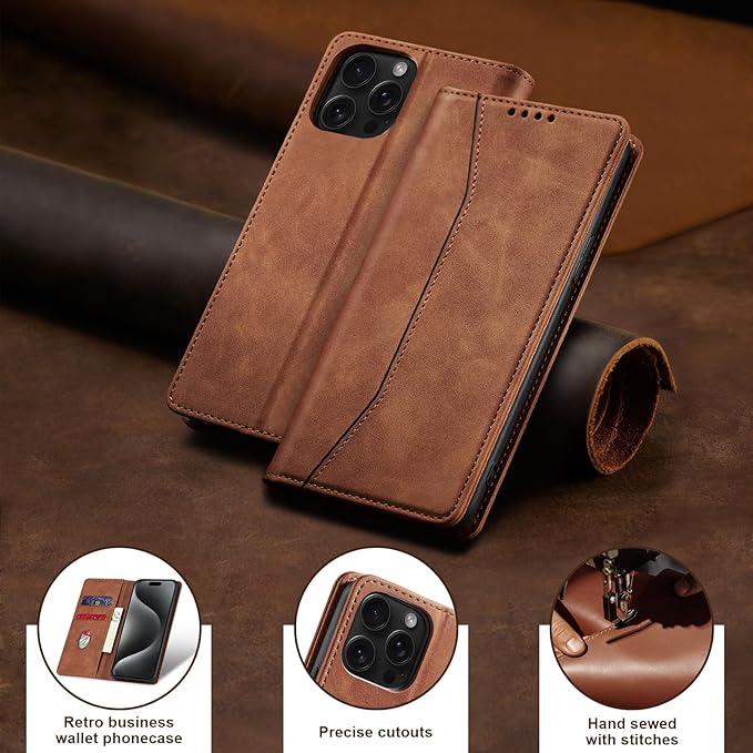 Jasonyu Flip Wallet Case for iPhone 15 Pro Max,Leather Magnetic Folio Cover with Card Holder,Kickstand - TPU Shockproof Durable Protective Phone Case,Brown
