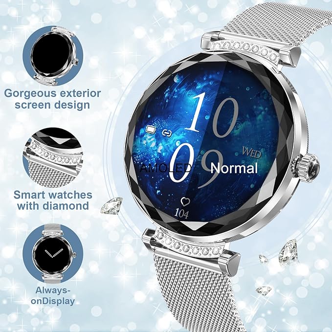 Smart Watches for Women Answer/Make Call, 1.19" AMOLED Smartwatch with Bluetooth for Android iOS Phones, IP68 Waterproof Fitness Tracker with Heat Rate Blood Pressure, 120+ Sports, Silver