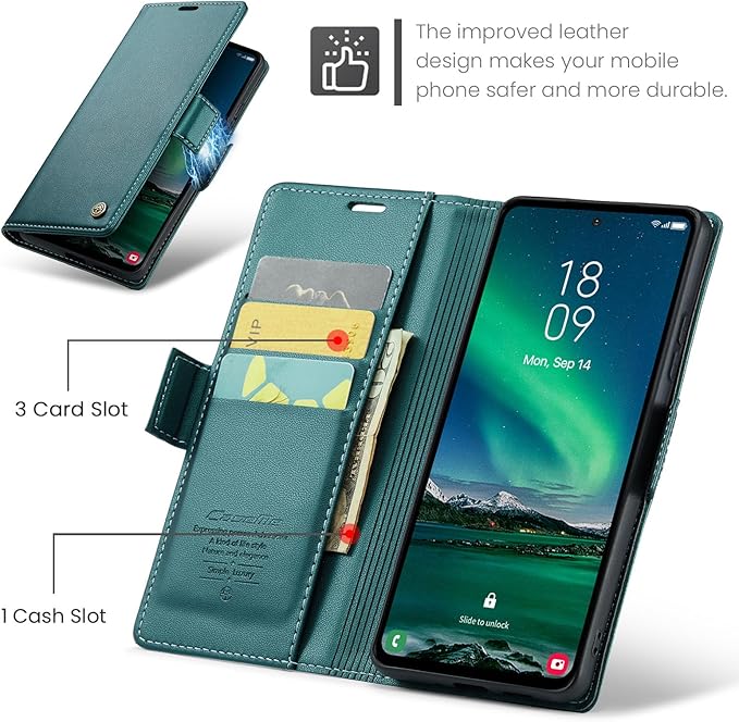 AUPAI for Samsung Galaxy S24 Wallet Case with Credit Card Holder, PU Leather RFID Blocking Folio Flip Kickstand Magnetic Clasp Protective Phone case for Women Men Cyan